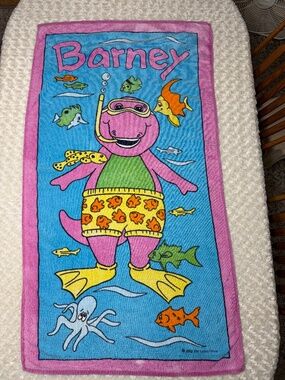 Vintage 1992 BIBB Barney Beach Towel 54"x 29" 90s Retro TV Barney Dinosaur Bath